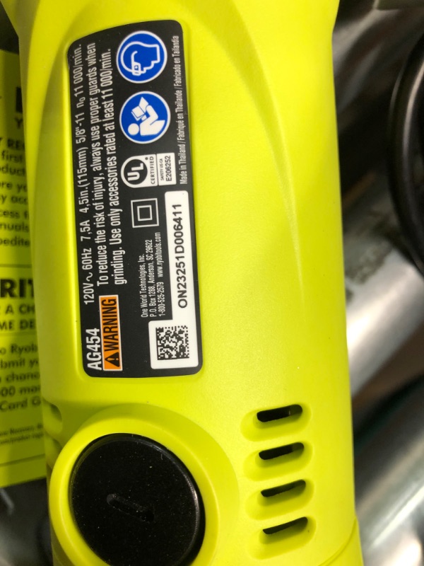 Photo 1 of Ryobi AG454 7.5 Amp 120V AC 11,000 RPM Corded Angle Grinder w/ Rear Rotating Handle