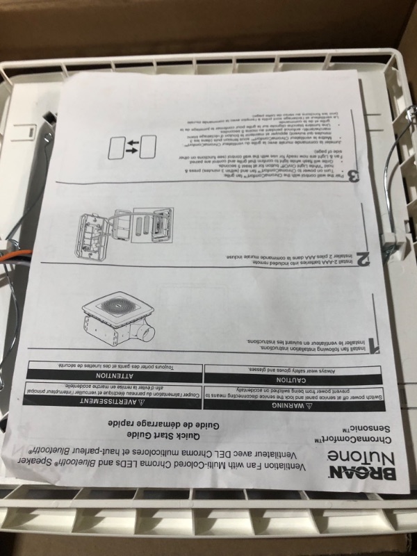 Photo 3 of ***USED - DAMAGED WIRES - MISSING PARTS - UNABLE TO VERIFY FUNCTIONALITY***
Broan-NuTone SPK110RGBL ChromaComfort Bathroom Exhaust Fan with Sensonic Bluetooth Speaker and LED Light