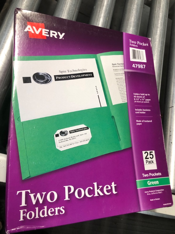 Photo 2 of Avery Two Pocket Folders, Holds up to 40 Sheets, Business Card Slot, 25 Green Folders (47987)