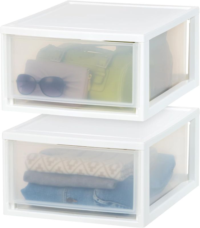 Photo 1 of (NON-REFUNDABLE) IRIS USA 30 Qt. Large Stackable Storage Drawer, Plastic Drawer Organizer with Clear Doors White, 2-Pack