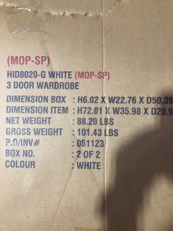 Photo 6 of (incomplete item)(box 2 of 2)(missing box 1) Hodedah 3-Door Armoire with 2-Drawers, 3-Shelves in White