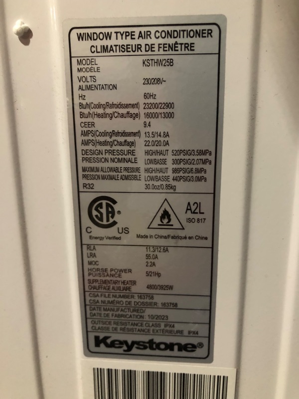 Photo 16 of ***MAJOR DAMAGE - BENT - UNTESTED - SEE COMMENTS***
Keystone KSTHW25B 23,200 Wall Air Conditioner with 16,000 Supplemental Heat and Dehumidifier, 230V, Window AC for Large Rooms up to 1,500 Sq.Ft. with Smart Remote Control, 23200 BTU, Bright White