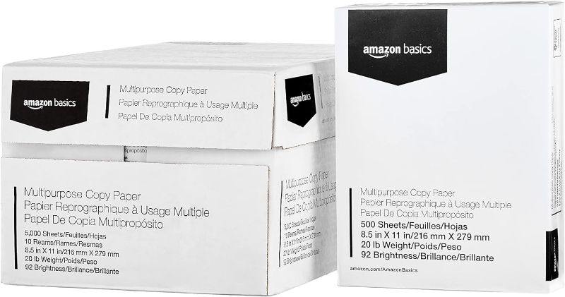 Photo 1 of Amazon Basics Multipurpose Copy Printer Paper, 8.5" x 11", 20 lb, 10 Reams, 5000 Sheets, 92 Bright, White