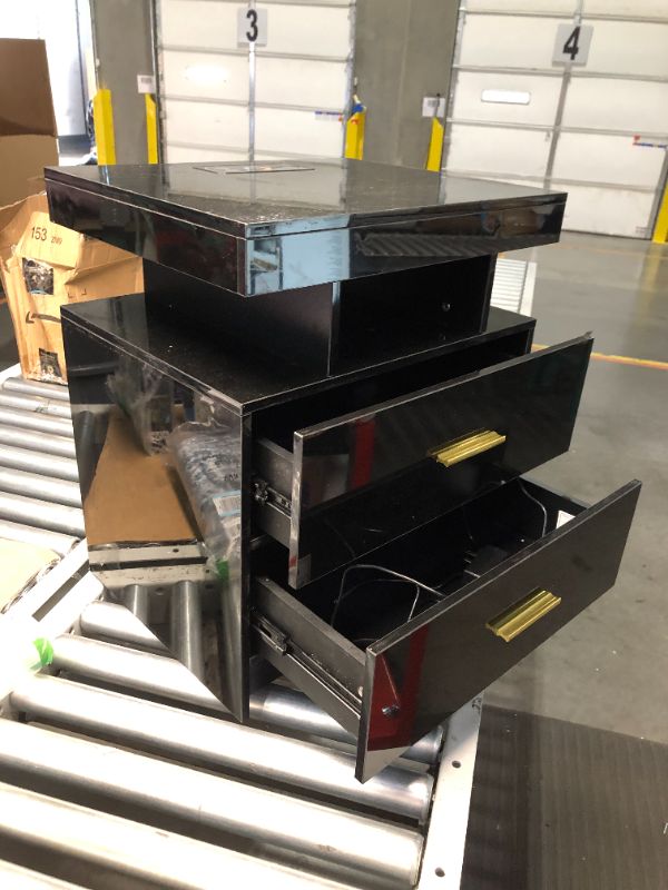 Photo 1 of ***USED - DAMAGED - FINISH COMING OFF - ELECTRONICS DON'T WORK - NO PACKAGING - SEE PICTURES***
LED Nightstand with Charging Station, Black Bedside Table Body Sensor Light, 2 Storage Drawer High Gloss Black 1 PCS