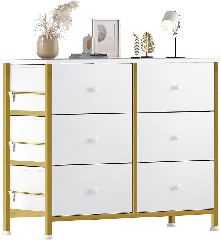 Photo 1 of (NON-REFUNDABLE) BOLUO White Dresser for Bedroom 6 Drawer Fabric Storage Chest Tower Wide  (Gold, 31.5"x11.8"x28.7")