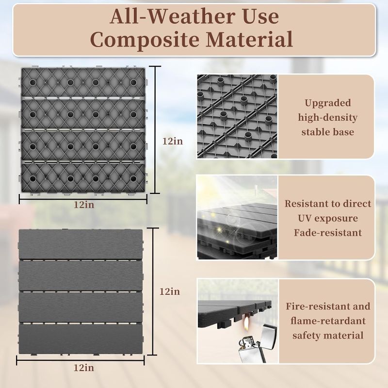 Photo 1 of Plastic Interlocking Deck Tiles,36 Pack,12"x12" Waterproof Outdoor Flooring,Anti-Fading All Weather Use Patio Floor Tiles for Balcony Poolside Porch Backyard | Dark Grey 12"*12" Dark Grey 36