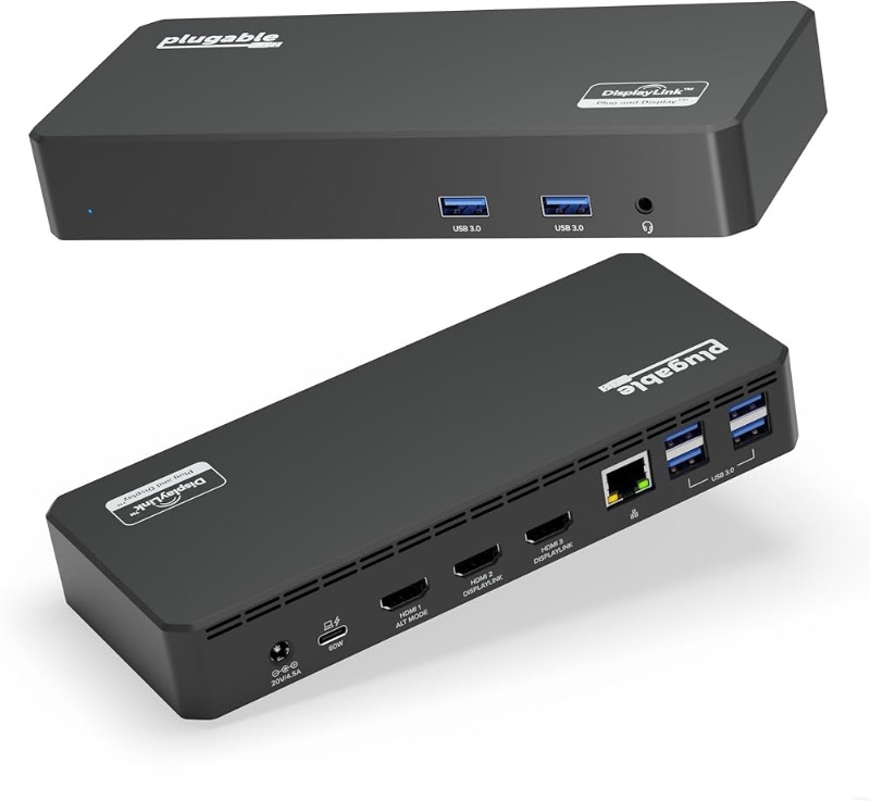 Photo 1 of Plugable USB C Triple Display Docking Station with Laptop Charging, for Thunderbolt, USB4, or USB C Systems, Compatible with Windows, macOS, ChromeOS laptops (3X HDMI, 6X USB 5Gbps Ports, 60W USB PD)