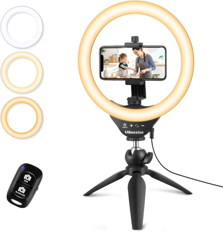 Photo 1 of UBeesize 10" Selfie Ring Light with Tripod Stand & Cell Phone Holder, Dimmable Desktop LED Circle Light for Live Streaming/Makeup/YouTube/TIK Tok, Compatible with iOS and Android Phones Black