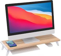 Photo 1 of loukin Monitor Stand Riser for Desk, 22.4" x 8.3" Larger Computer Stand for Laptop, PC, Printer, Sturdy Desktop Computer Shelf with Non-Skid Rubber, Home Office, Natural Wood