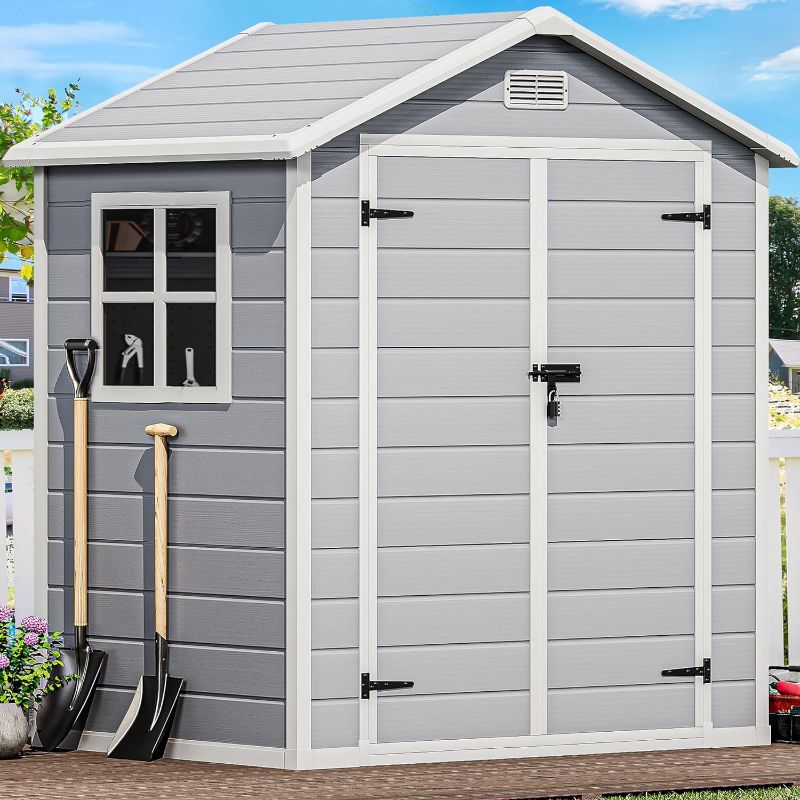 Photo 1 of ***NONREFUNDABLE - NOT FUNCTIONAL - FOR PARTS ONLY - SEE COMMENTS***
DWVO 6x4.4 FT Outdoor Resin Storage Shed with Reinforced Floor, All-Weather Bike Storage Shed with Lockable Door, Window and Vent, Waterproof Plastic Tool Storage for Garden, Backyard, P