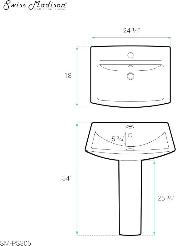 Photo 4 of (READ FULL POST) Swiss Madison Well Made Forever SM-PS306 Pedestal Bathroom Sink Single Faucet Hole, 24" W, White
