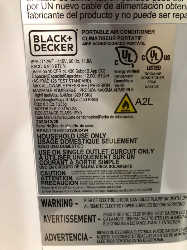 Photo 13 of ***USED - POWERS ON - UNABLE TO TEST FURTHER - LIKELY MISSING PARTS***
BLACK+DECKER 12,000 BTU Portable Air Conditioner up to 550 Sq.Ft. with Remote Control, White White - 12,000 BTU 1 Count (Pack of 1)