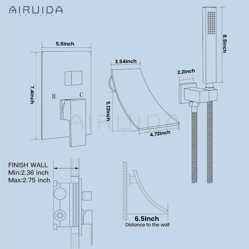 Photo 3 of (READ FULL POST) Airuida Wall Mount Tub Faucet with Waterfall Tub Spout Wall Mounted Bathtub Faucet with Handheld Shower Single Handle Tub Filler Shower Faucet Set with Rough-in valve Curved Spout Chrome Polish