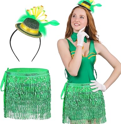 Photo 1 of NON REFUNDABLE BUNDLE OF 2, St. Patrick's Day Costume Accessories for Women Saint Patty's Green Sequins Tassel Skirt Top Hat Headband Outfits