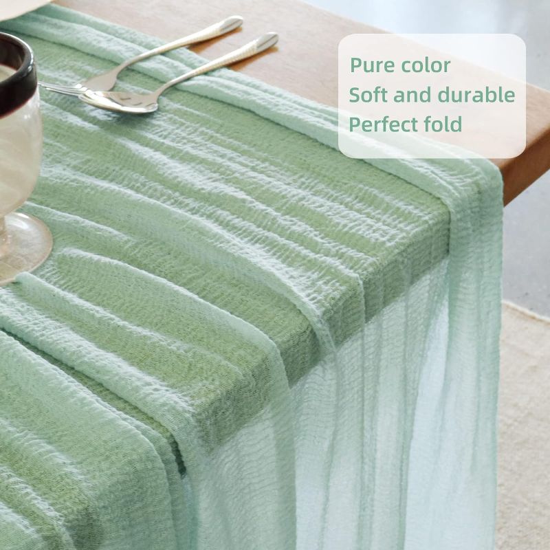 Photo 1 of 4 Pack 9.8Ft Sage Green Cheesecloth Table Runner,Gauze Wedding Table Runner Fabric with Fringe 36"*118", Boho Rustic Table Decoration for Bridal Baby Shower Birthday Holiday Party
