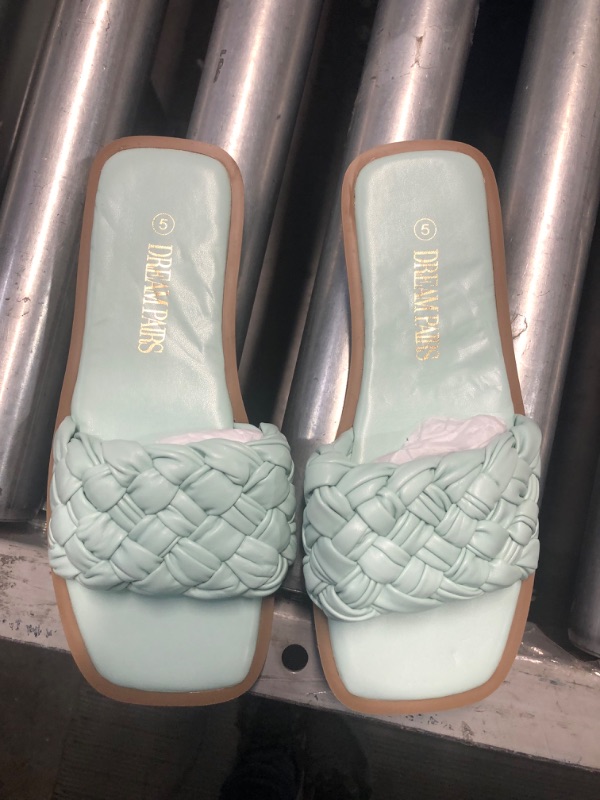 Photo 2 of DREAM PAIRS Women's Square Open Toe Slide Sandals Cute Slip on Braided Strap Rhinestone Flat Sandals for Summer 5 mint green