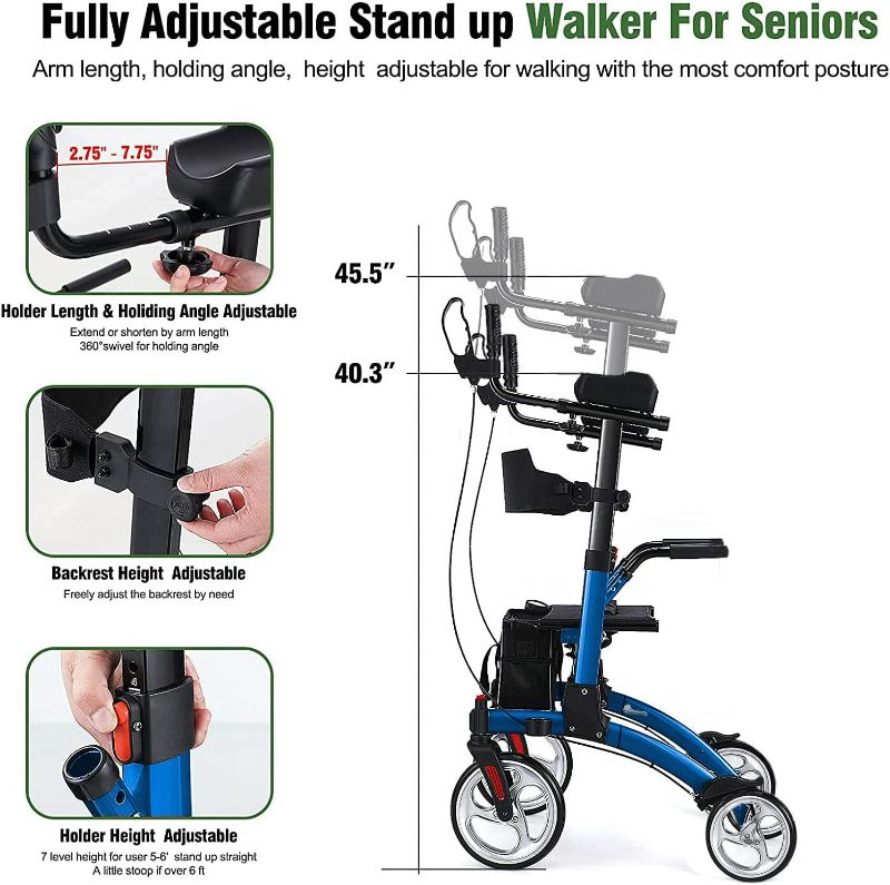 Photo 3 of (NON-REFUNDABLE) Healconnex Upright Rollator Walkers for Seniors- Stand up Rolling Walker with Seats and 10" Wheels, Padded Armrest and Backrest,Tall Rolling Mobility Aid with Basket, Foam Handle to Stand up Blue