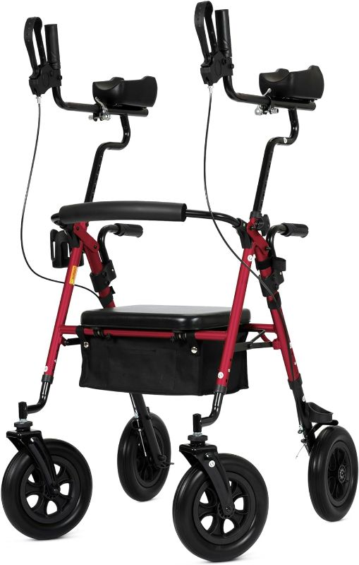 Photo 1 of ***READ NOTES***ELENKER Upright Rollator Walker, Stand Up Rollator Walker with Shock Absorber, 10” Front Wheels and Carrying Pouch, Suitable for Outdoor, red