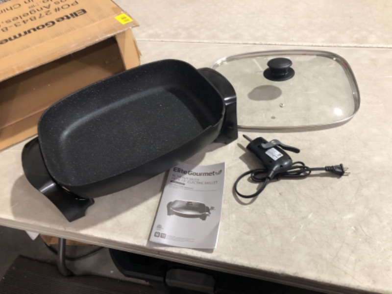 Photo 1 of ***USED - LID DAMAGED - POWERS ON - UNABLE TO TEST FURTHER***
Elite Gourmet EG-6203# Extra Deep 16"x13"x3.2" (10.5Qt.) Scratch Resistant, Easy Pour Spout Dishwasher Safe, Non-stick Electric Skillet with Glass Vented Lid, Adjustable Temperature, Black 10.5