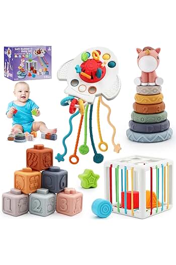 Photo 1 of 4 in 1 Montessori Toys for Babies 6-12 Months, Pull String Teething Toys