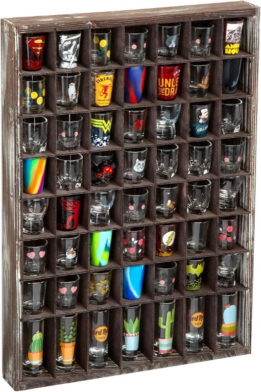 Photo 1 of (DAMAGED/ SEE NOTES) J JACKCUBE DESIGN - Rustic Wood Shot Glasses Display Case 56 Compartments Wall Mount Pint glass Shadow box Bar Cabinet Collection Freestanding - MK524A
