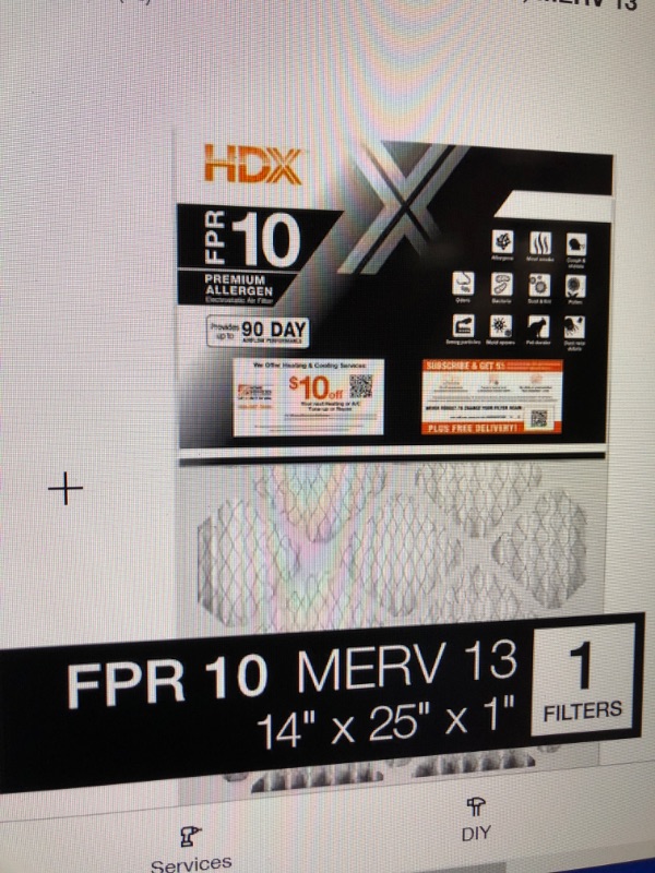 Photo 1 of (no returns)

HDX
14 in. x 25 in. x 1 in. Premium Pleated Furnace Air Filter FPR 10, MERV 13