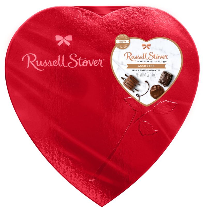 Photo 1 of  (bundle of 3. EXP: 06/1/24) RUSSELL STOVER Valentine's Day Red Foil Heart Assorted Milk & Dark Chocolate Gift Box, 5.1 oz. (9 pieces)