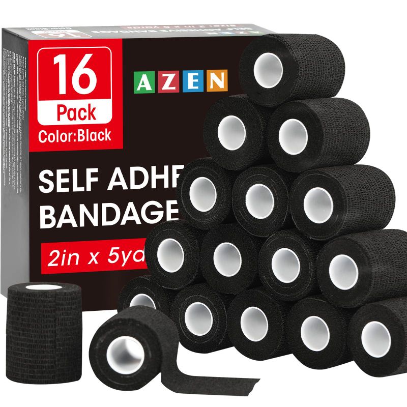 Photo 1 of (BUNDLE OF 2/ NO REFUNDS) AZEN 16 Pack Self Adhesive Bandage Wrap Black, 2" X 5 Yards Black Athletic Tape, Vet Wrap, Tattoo Grip Tape Wrap?Ankle Tape, Cohesive Bandage Wrap A-16black