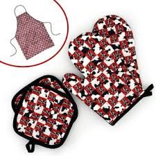 Photo 1 of Milk Bottle Checker Cow Print Oven Mitts Pot Holders and Apron Set