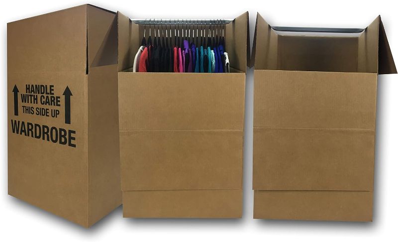 Photo 1 of Amazon Basics Wardrobe Clothing Moving Boxes with Bar, 3 Pack, Brown, 20" x 20" x 34"