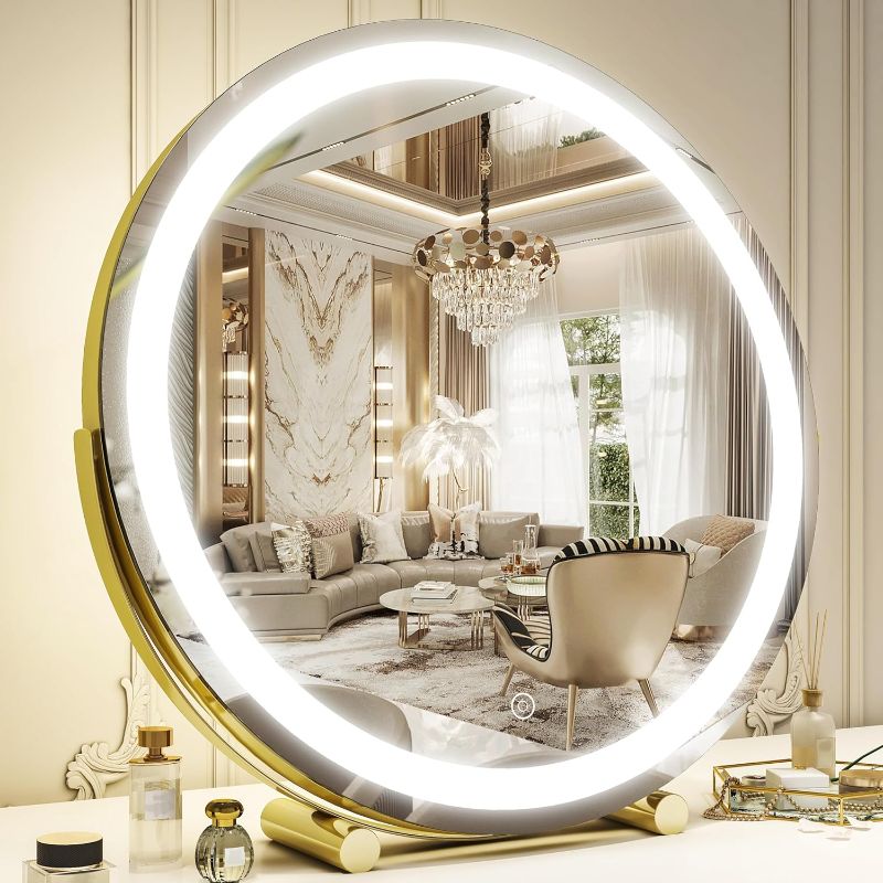 Photo 1 of Vierose 18 Inch Large Vanity Mirror with Lights, Round LED Makeup Mirror, Tabletop Light Up Mirror  Gold 18"x18"