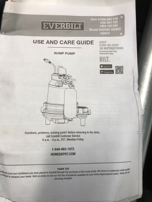 Photo 3 of **PARTS ONLY/NON-REFUNDABLE***
Everbilt 3/10 HP Cast Iron Sump Pump