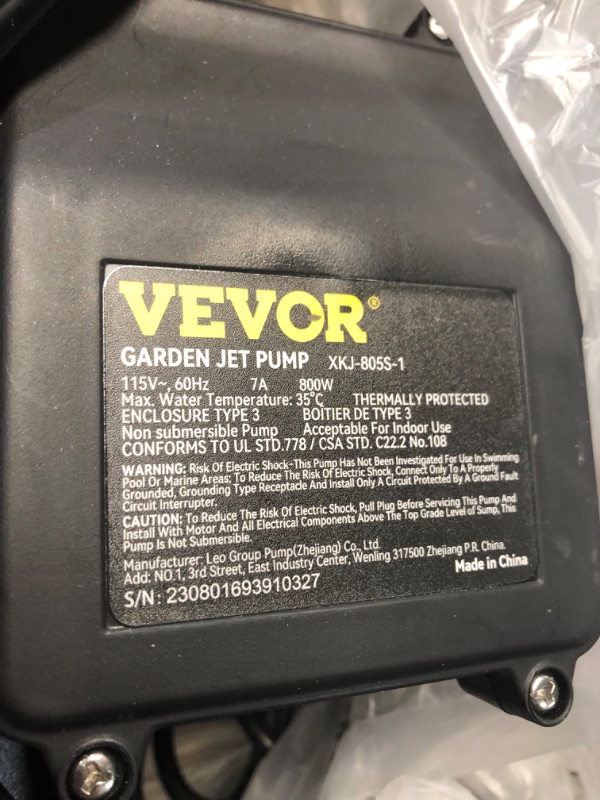 Photo 2 of ***PARTIAL FUNCTIONALITY - SEE COMMENTS***
VEVOR Shallow Well Pump, 1.1 HP 115V, 978 GPH 131 ft Height, 69.6psi Max Pressure, Portable Stainless Steel Sprinkler 