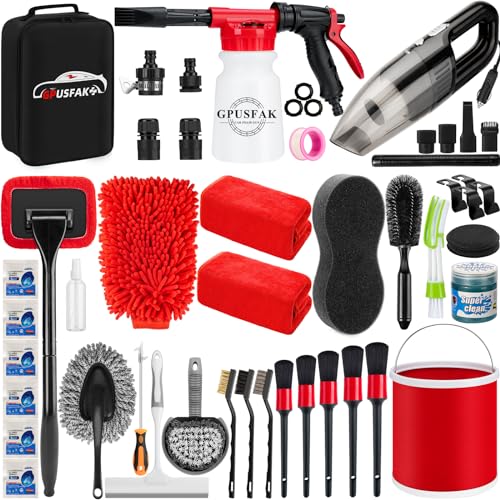 Photo 1 of **MISSING PIECES** GPUSFAK 46Pcs Car Wash Cleaning Kit with Foam Gun Sprayer Detailing Brushes Car Vacuum Collapsible Bucket Windshield Cleaning Tool Tire Brush Towels C
