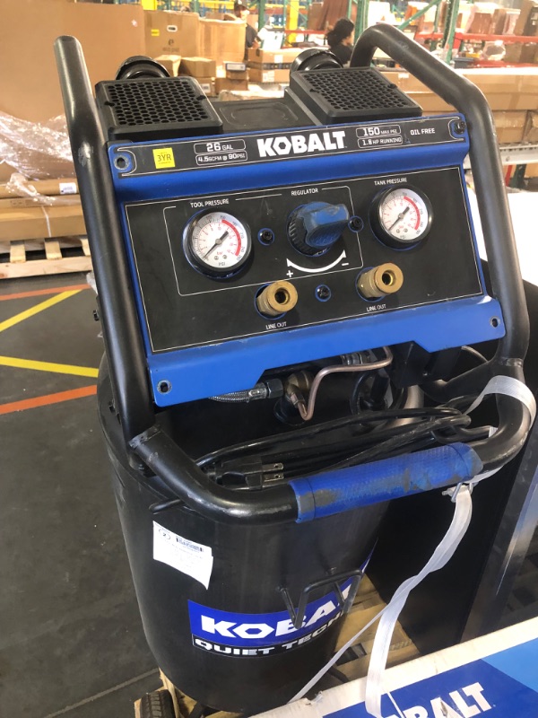 Photo 2 of ***USED - DAMAGED - SEE COMMENTS***
Kobalt QUIET TECH 26-Gallons Portable 150 Psi Vertical Quiet Air Compressor
