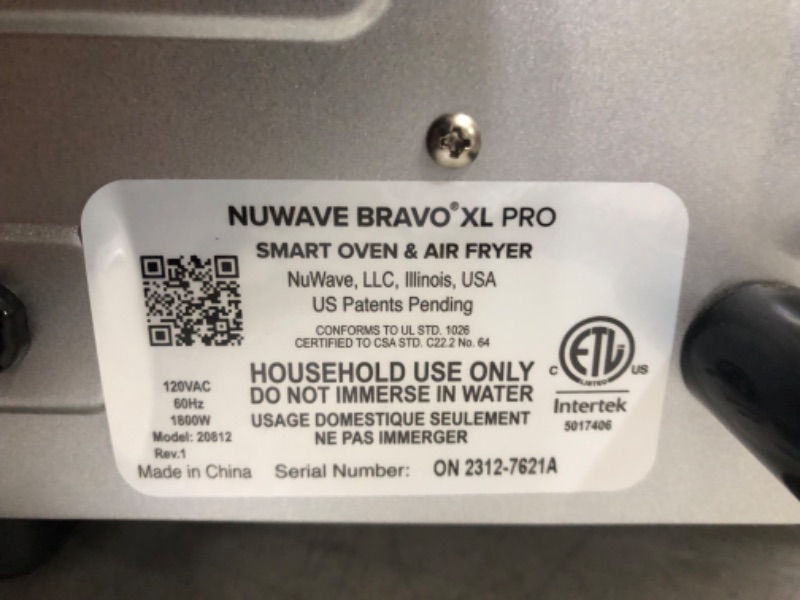 Photo 4 of ***USED - POWERS ON - UNABLE TO TEST FURTHER***
Nuwave Bravo XL Pro Air Fryer Toaster Oven, Improved 100% Super Convection, Quicker & Crispier Results, 112 Foolproof Presets, Multi-Layer Even Cooking, 50-500F, Smart Probe, 30QT, Stainless Steel