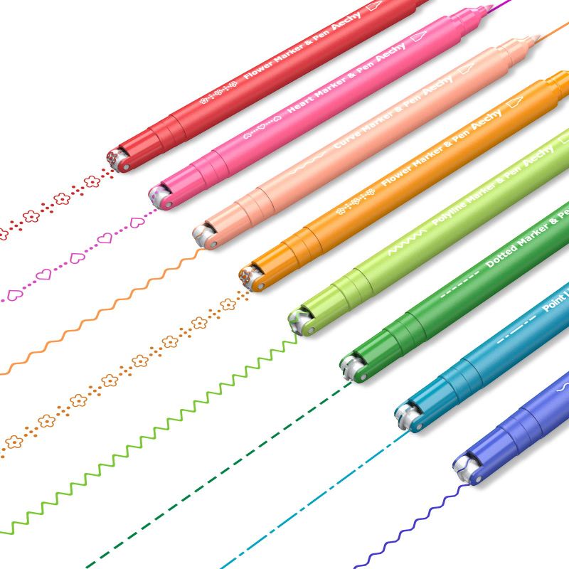 Photo 1 of AECHY Colored Felt Tip Curve Pens for Note Taking, Dual Tip Pens with 5 Different Curve Shapes & 8 Colors Fine Lines