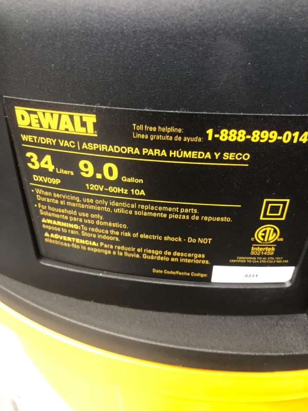 Photo 4 of **MISSING HOSE AND ENDS**
DEWALT DXV09P 9 gallon Poly Wet/Dry Vac, Yellow