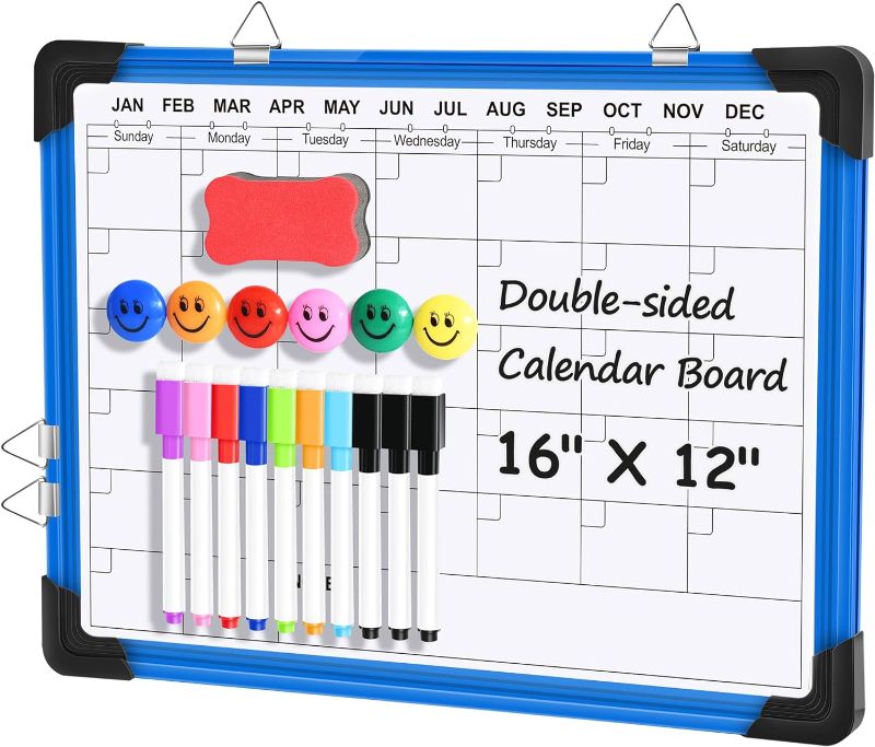 Photo 1 of White Board Calendar Dry Erase for Wall, 16" x 12" Magnetic Monthly Calendar (Blue)