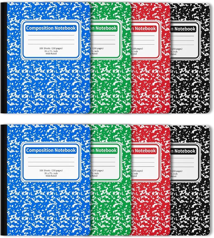 Photo 1 of Composition Notebook 8 Pack 9-3/4 x 7-1/2 Inches, Wide Ruled Lined Paper 100 Sheets, Colourful Marbled Cover