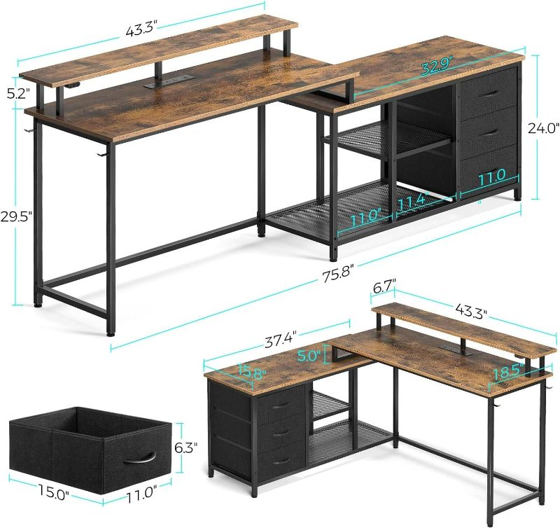 Photo 5 of (NON-REFUNDABLE) Seventable L Shaped Computer Desk with Drawers, Reversible Gaming Desk with LED Lights & Charging Port, Corner Desk with Storage Shelves & Monitor Stand for Home Office Rustic Brown