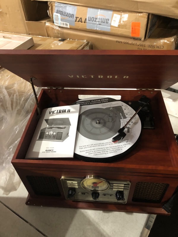 Photo 3 of **READ NOTES**Victrola Nostalgic 6-in-1 Bluetooth Record Player & Multimedia Center with Built-in Speakers - 3-Speed Turntable, CD & Cassette Player, FM Radio | Wireless Music Streaming | Mahogany Mahogany Entertainment Center