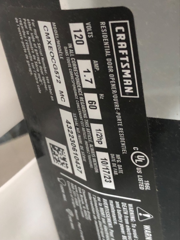 Photo 14 of ***USED - DAMAGED - MISSING PARTS - SEE COMMENTS***
Craftsman 1/2 HP Smart myQ Smartphone Controlled-Belt Drive, Wireless Keypad Included, Model CMXEOCG572, Red Garage Door Opener