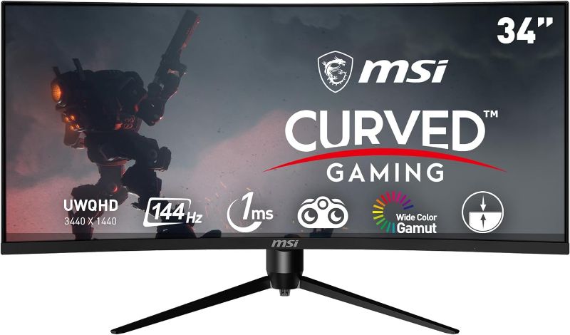 Photo 1 of MSI Optix MAG342CQR 1500R Curvature 21:9 Aspect Ratio Narrow Bezel 1ms 3440 x 1440 (UWQHD) 144Hz Refresh Rate Tilt/Swivel/Height/Pivot Adjustment 34" AMD Freesync Gaming Curved Monitor, Black