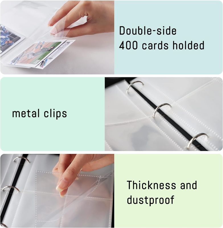 Photo 3 of 400 Pockets Baseball Card Binder, 4-Pocket Card Collections Trading Card Binder 50 Pages Double-Sided Cards Holder with Zipper 3-Ring Card Album for Sports Baseball Card Sleeves Protectors 400 cards Baseball