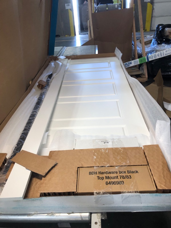 Photo 3 of ***USED - LIKELY MISSING PARTS - UNABLE TO VERIFY FUNCTIONALITY***
36 in. x 84 in. 4 Lite Full Frosted Glass White MDF Sliding Barn Door with Hardware Kit