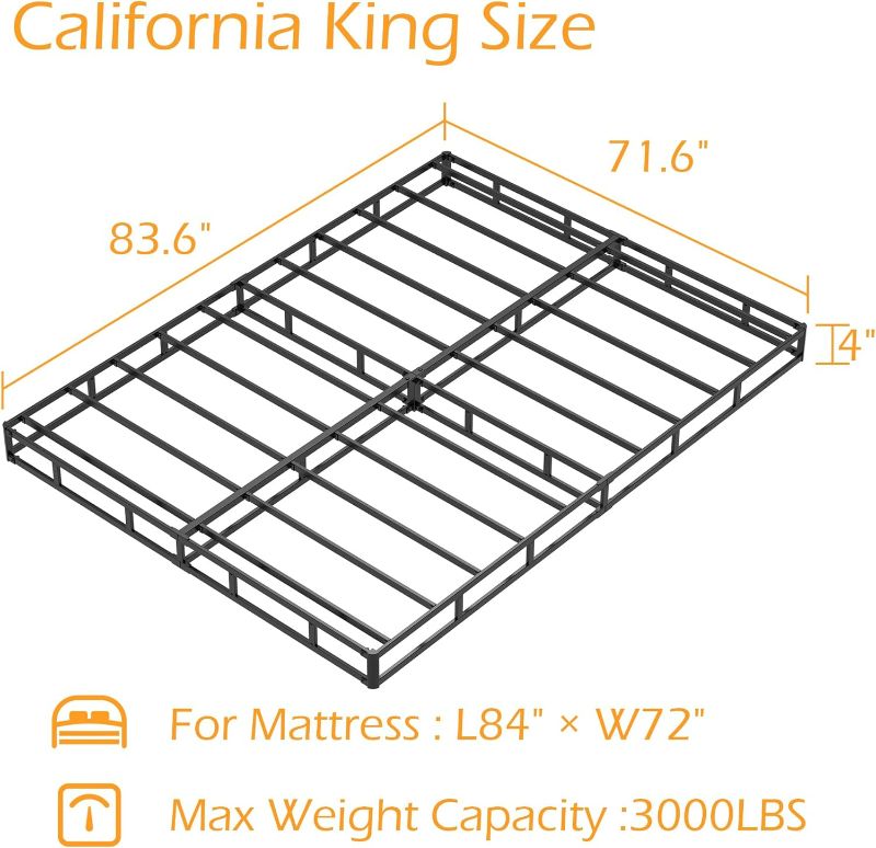 Photo 4 of (NON-REFUNDABLE) Cal King Box Spring 4 Inch Low Profile, Heavy Duty Metal Box Spring Bed Base with Fabric Cover