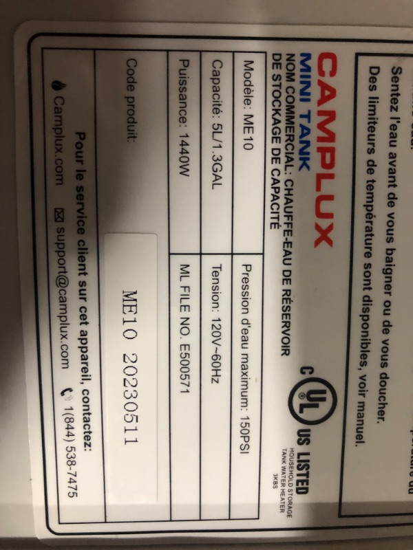 Photo 11 of ***MISSING HOT WATER CAP***
Camplux Electric Water Heater 1.3 Gallon, Hot Water Heater with 43.3'' Cord Plug 1.3 Gallons