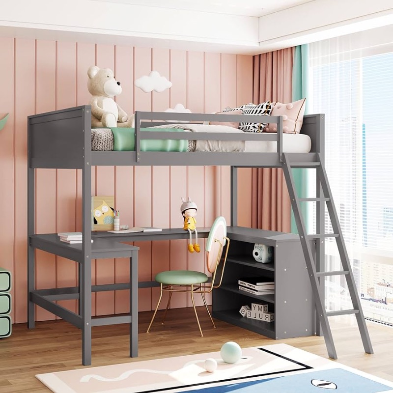 Photo 1 of (NON-REFUNDABLE) Wooden Full Size Loft Bed with Built-in Desk and Bookshelves