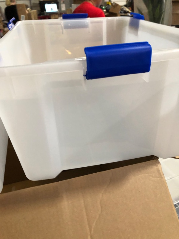 Photo 4 of **2 CONTAINERS / 1 LID**
IRIS USA 60 Quart WEATHERPRO Plastic Storage Box with Durable Lid and Seal and Secure Latching Buckles, Clear With Blue Buckles, Weathertight, 3 Pack 60 Quart - 3 Pack